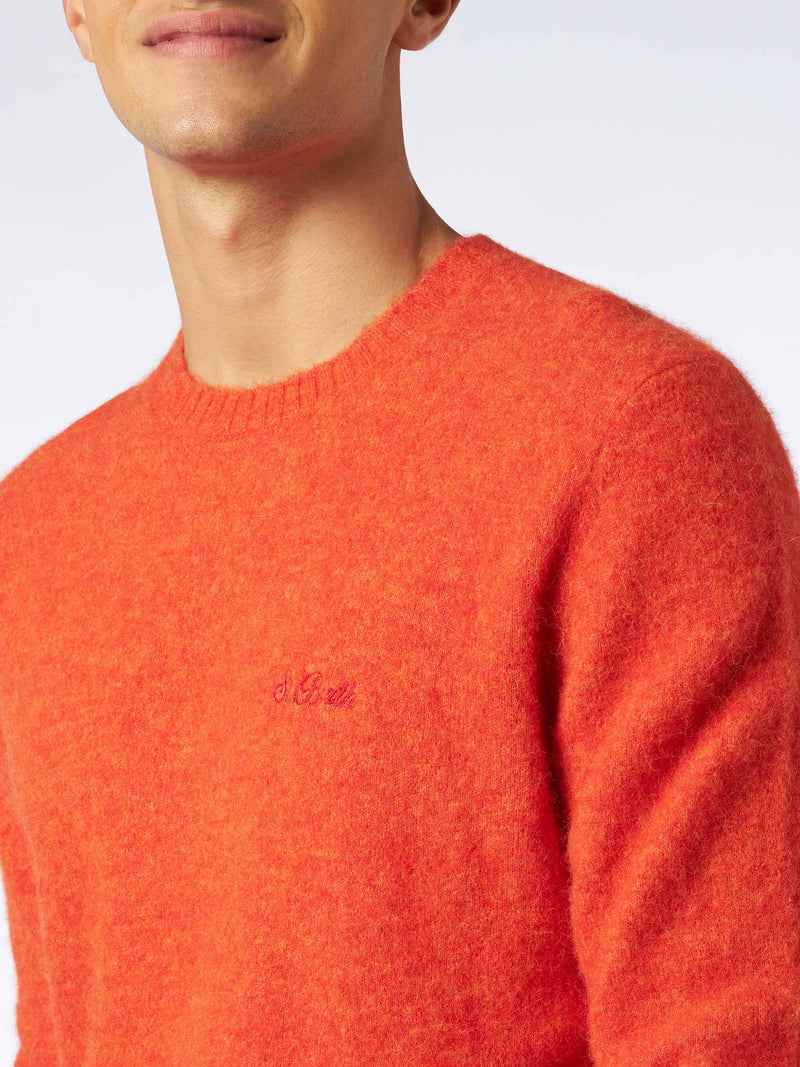 Man orange stretch wool sweater with St. Barth embroidery