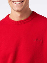 Roter Herrenpullover mit Rundhalsausschnitt und St. Barth-Stickerei