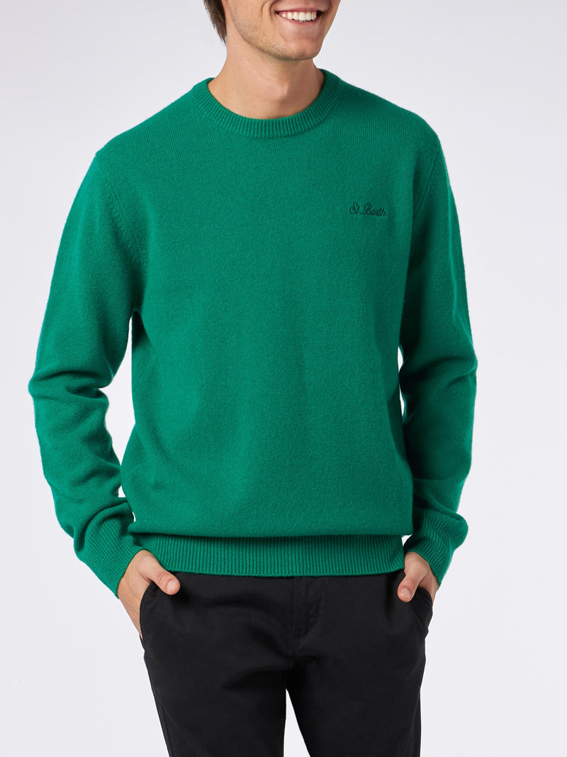 Maglione da uomo girocollo verde con ricamo St. Barth