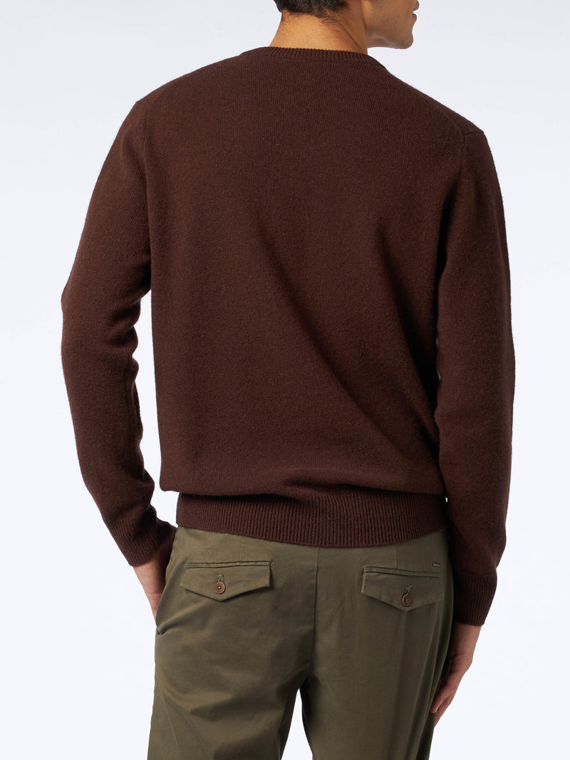 Man crewneck brown lambswool sweater with St. Barth embroidery