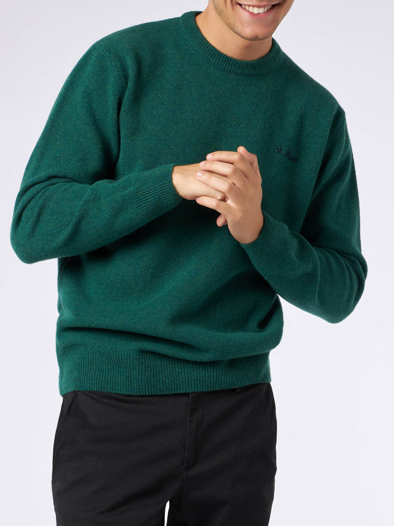 Man crewneck green sweater with St. Barth embroidery