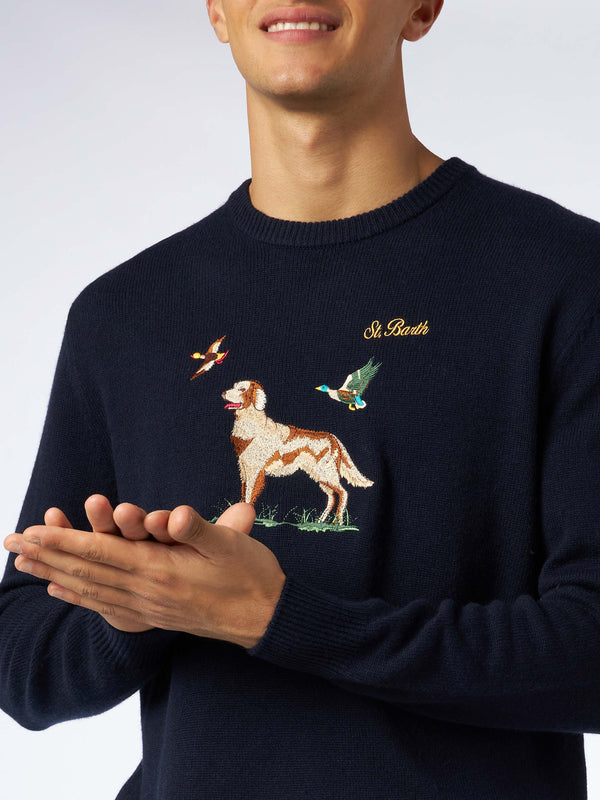 Man crewneck donegal sweater with English pointer jacquard print