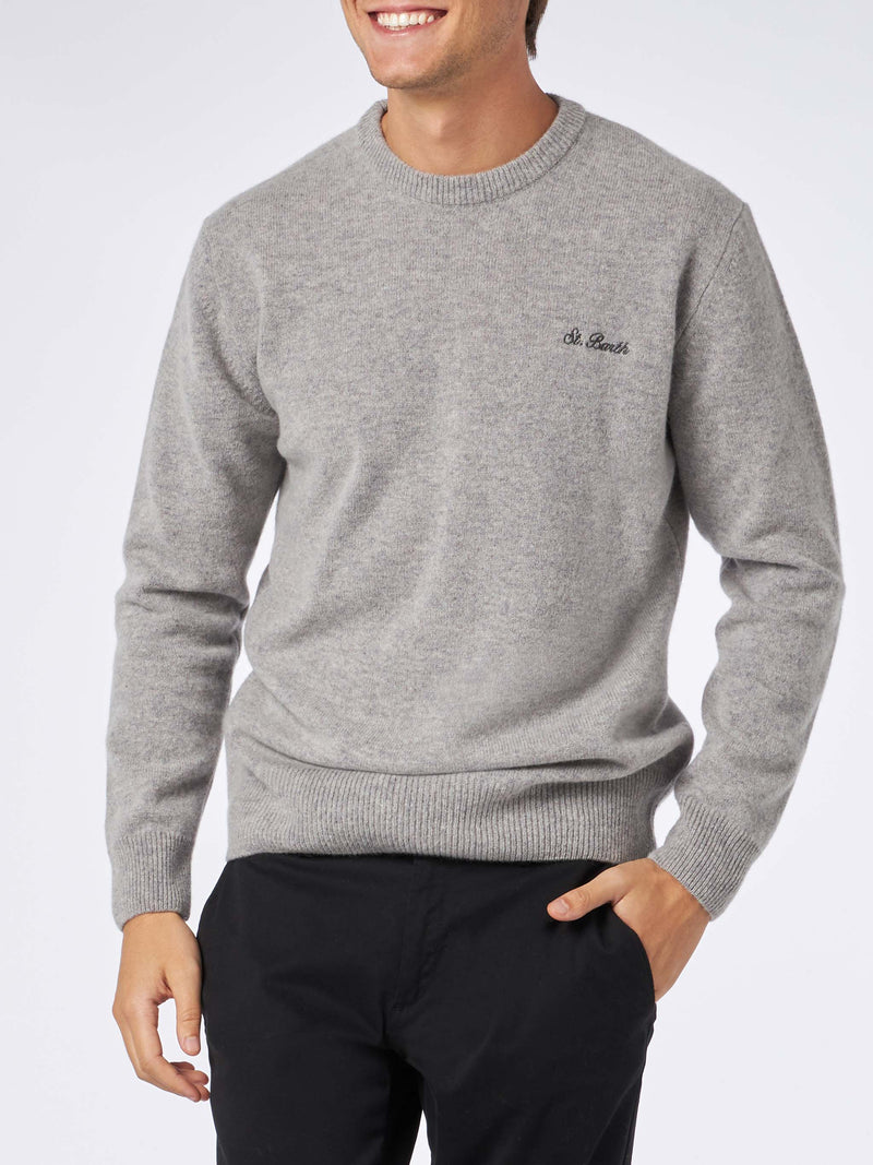 Maglione da uomo girocollo grigio melange con ricamo St. Barth