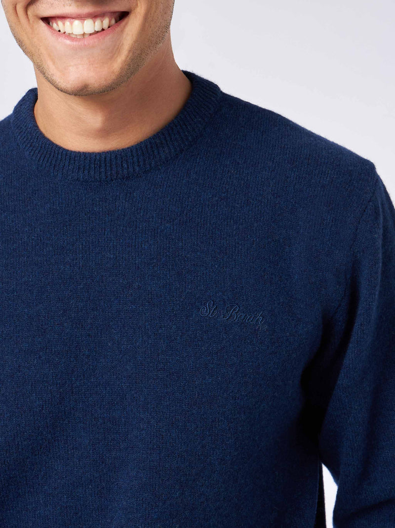 Man crewneck blue sweater with St. Barth embroidery