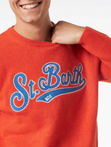 Man crewneck orange sweater with St. Barth embroidery