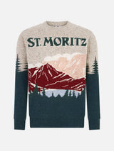 Maglione da uomo girocollo in donegal con stampa jacquard cartolina St. Moritz