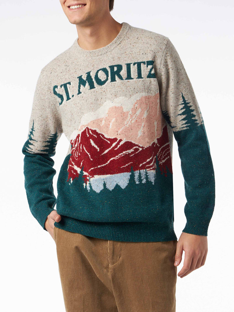 Maglione da uomo girocollo in donegal con stampa jacquard cartolina St. Moritz