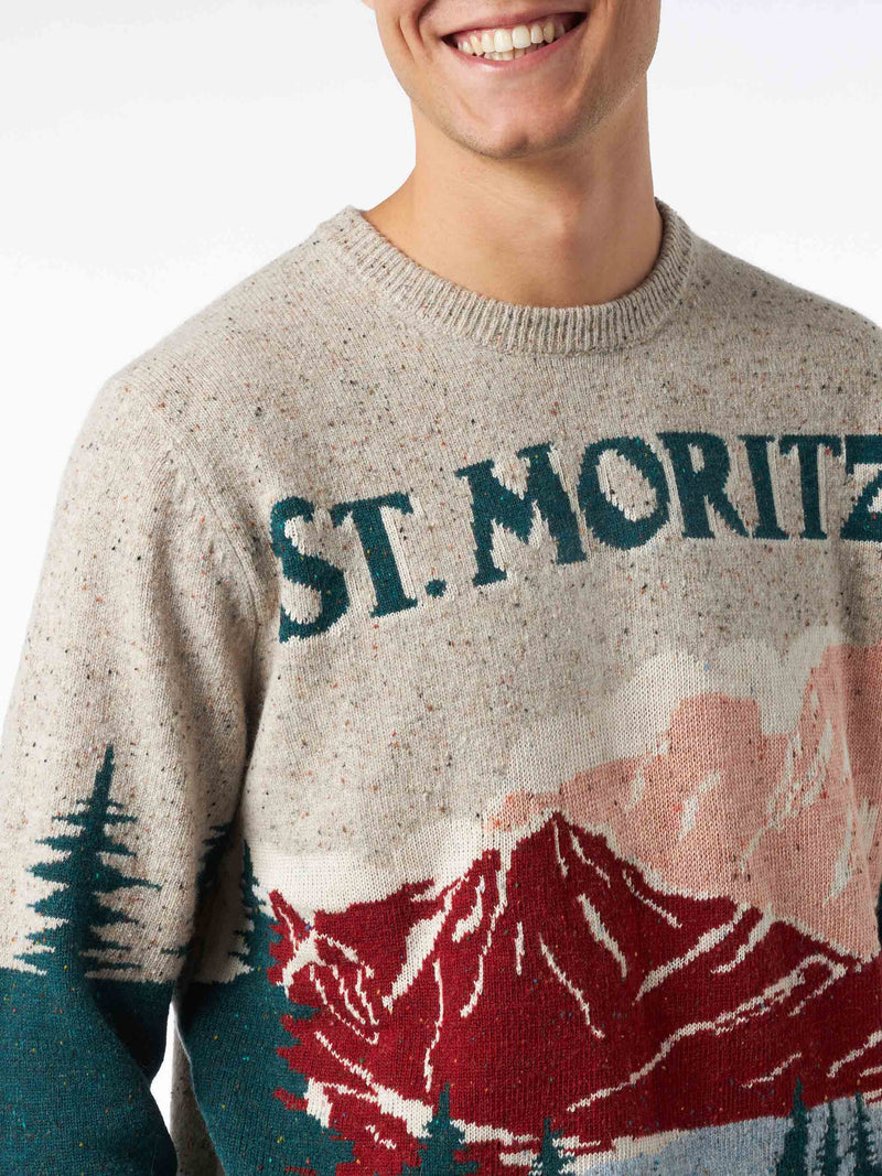 Maglione da uomo girocollo in donegal con stampa jacquard cartolina St. Moritz