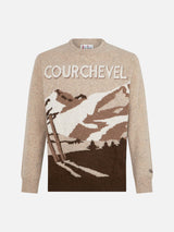 Man crewneck donegal sweater Courchevel postcard jacquard print