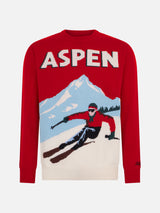 Man crewneck sweater with Aspen postcard jacquard print