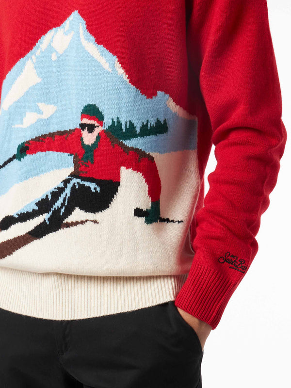 Man crewneck sweater with Aspen postcard jacquard print