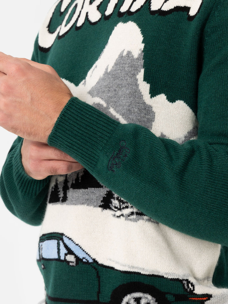 Maglione da uomo verde Heron con stampa cartolina auto Cortina