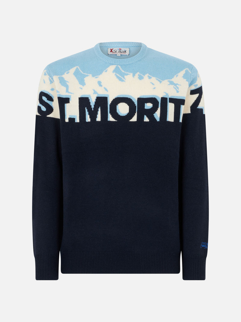 Man crewneck sweater with St. Moritz postcard jacquard print