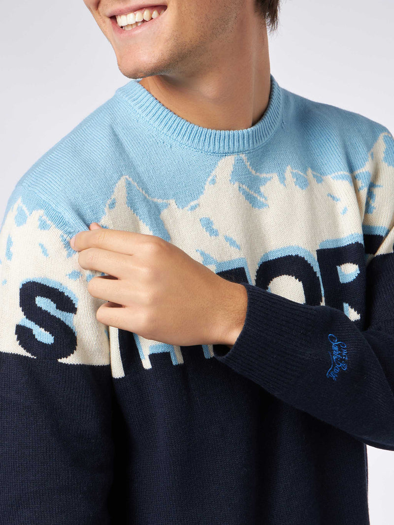 Man crewneck sweater with St. Moritz postcard jacquard print