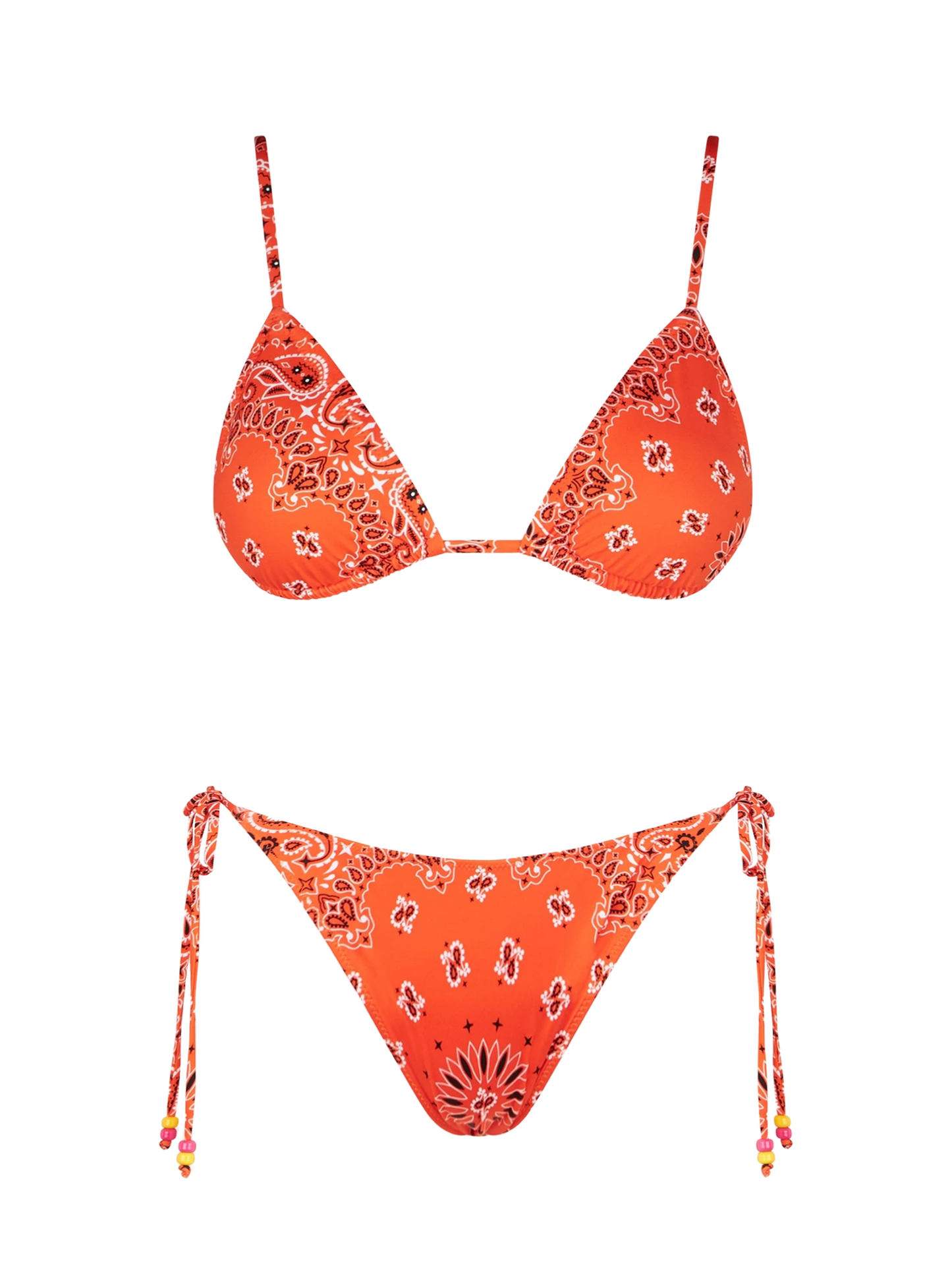Woman orange triangle bikini with bandanna print