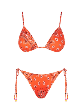 Woman orange triangle bikini with bandanna print