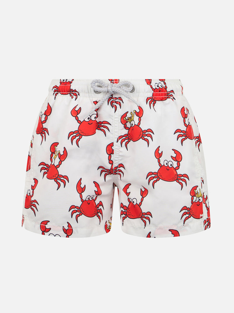 Boy mid-length Jean swim-shorts with king crab print