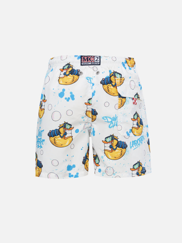 Mittellange Jeans-Badeshorts für Jungen mit Crypto Ducky-Aufdruck | CRYPTOPUPPET-SONDERAUSGABE