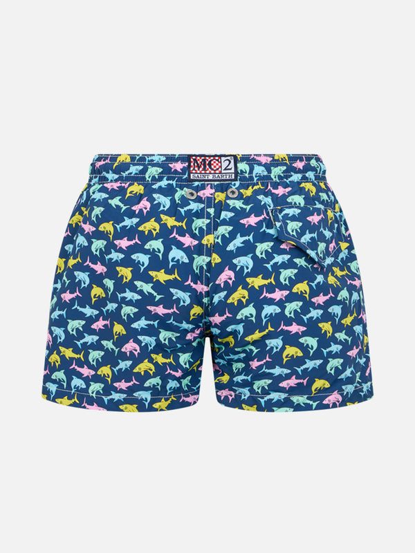 Boy lightweight fabric swim-shorts Jean Lighting with sharks print