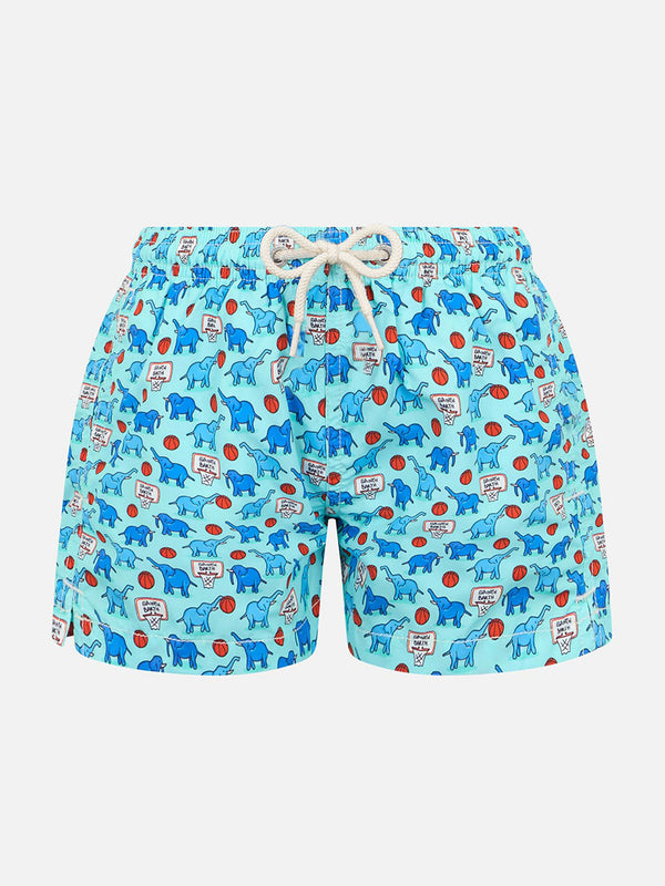 Boy lightweight fabric swim-shorts Jean Lighting with elephant print