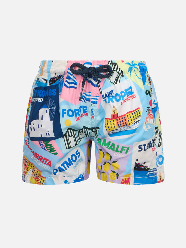 Boy lightweight fabric swim-shorts Jean Lighting with postcard print