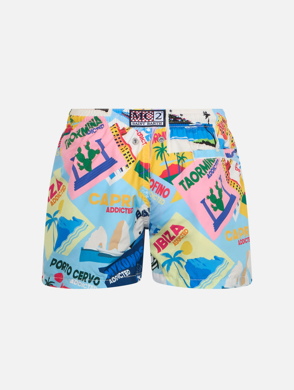 Boy lightweight fabric swim-shorts Jean Lighting with postcard print