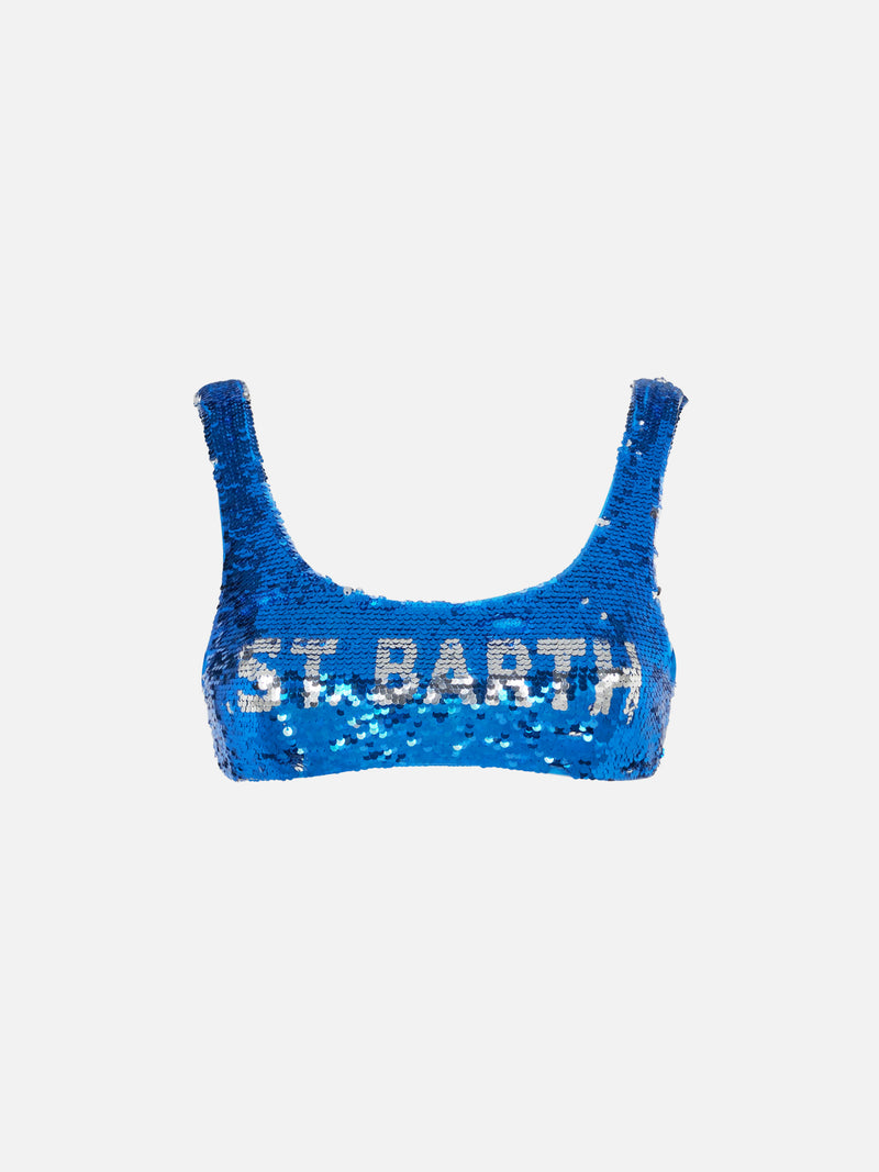 Blaues Pailletten-Bralette mit silbernem Logo