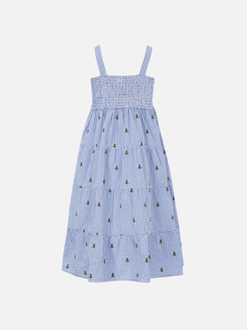 Girl seersucker dress Jemine Jr with bee embroidery