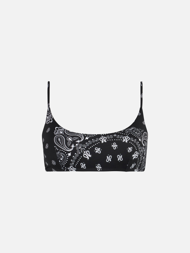 Woman bralette swimsuit with black bandanna print