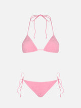 Woman pink terry triangle bikini Leah Virgo