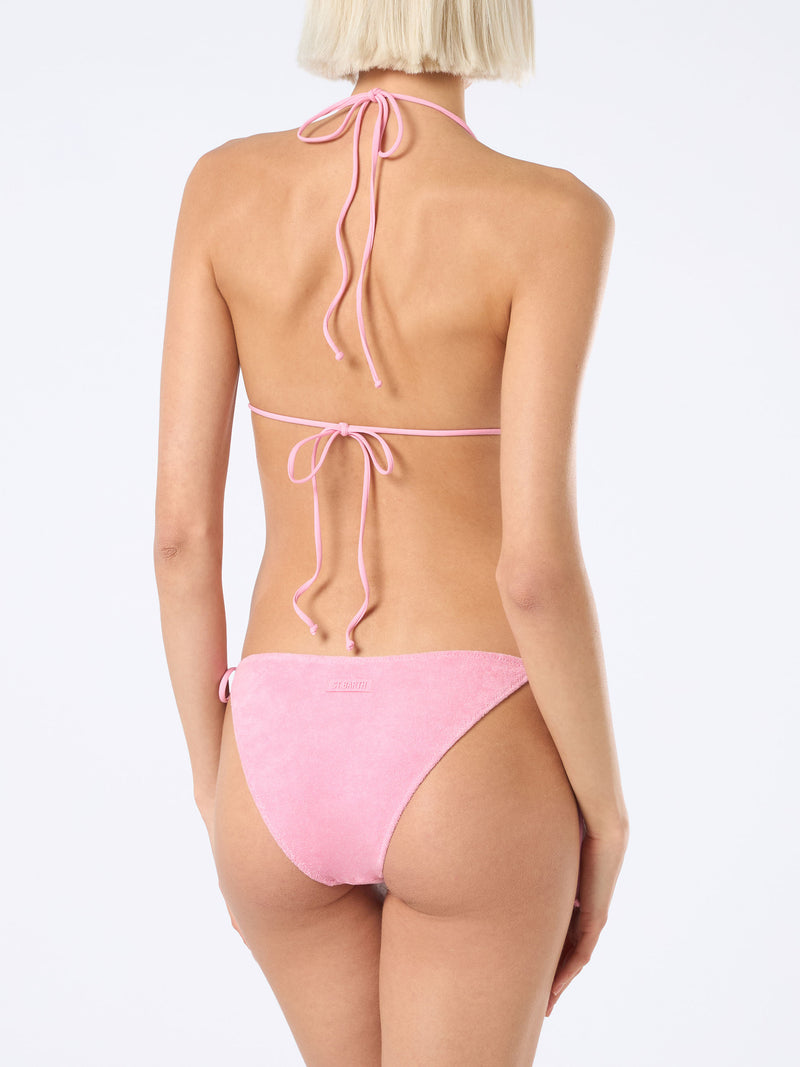 Woman pink terry triangle bikini Leah Virgo