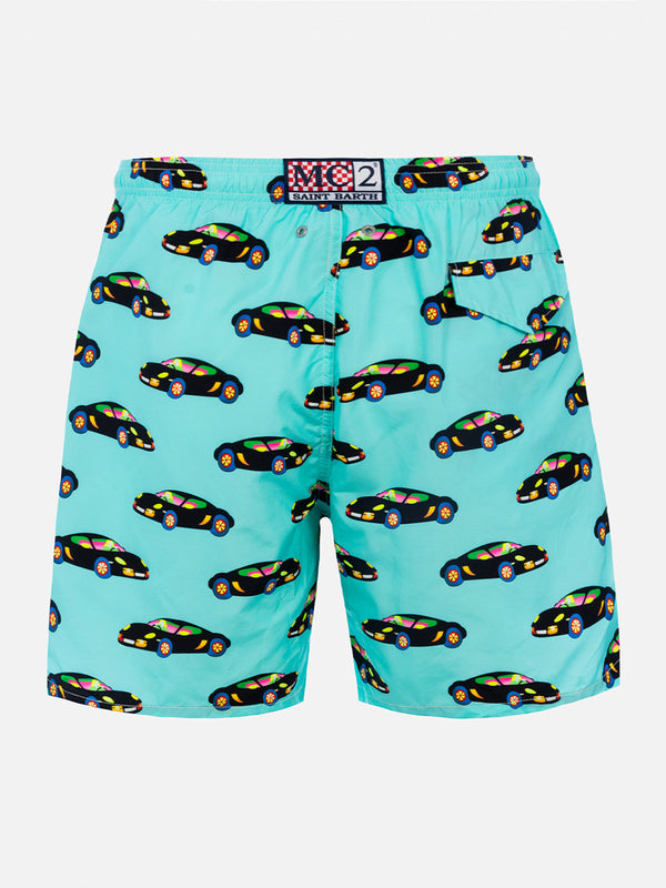 Man lightweight fabric swim-shorts Lighting with Lodola car print |MARCO LODOLA SPECIAL EDITION