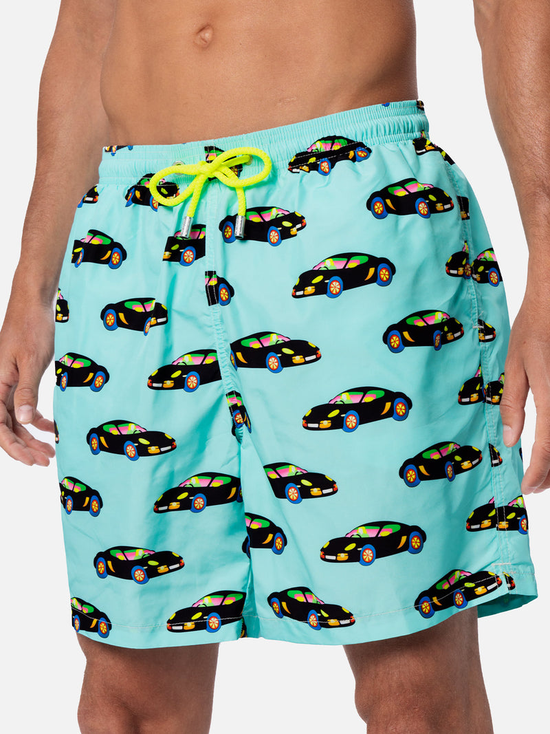 Man lightweight fabric swim-shorts Lighting with Lodola car print |MARCO LODOLA SPECIAL EDITION