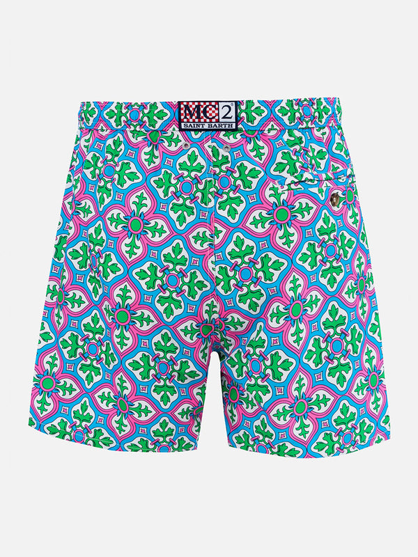 Herren-Badeshorts Lighting 70 aus leichtem Stoff mit Majolika-Print