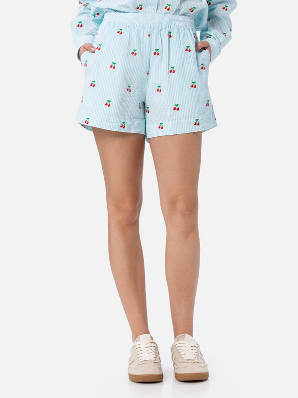 Woman seersucker striped pull up shorts Meave with cherry patches