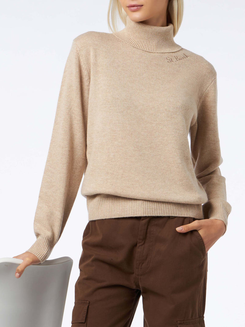 Woman beige cashmere blend turtleneck sweater Moody