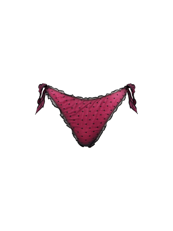 Bikini fucsia lucido con tulle nero a pois