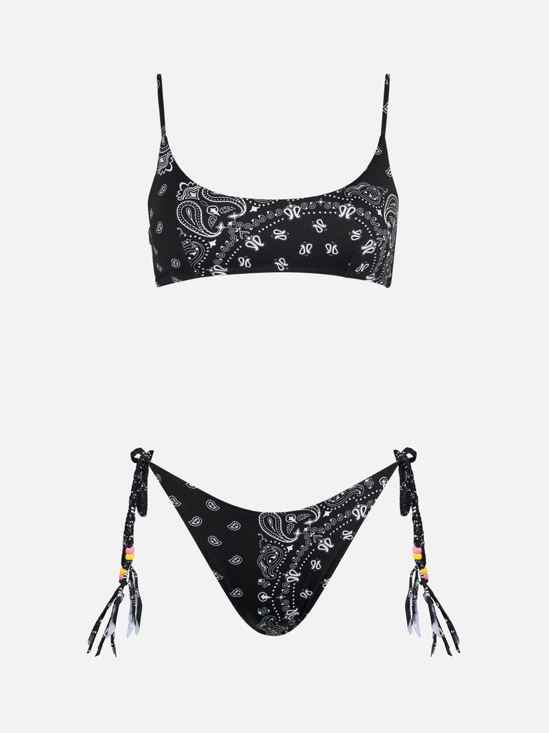 Bikini da donna a bralette con stampa bandana nera