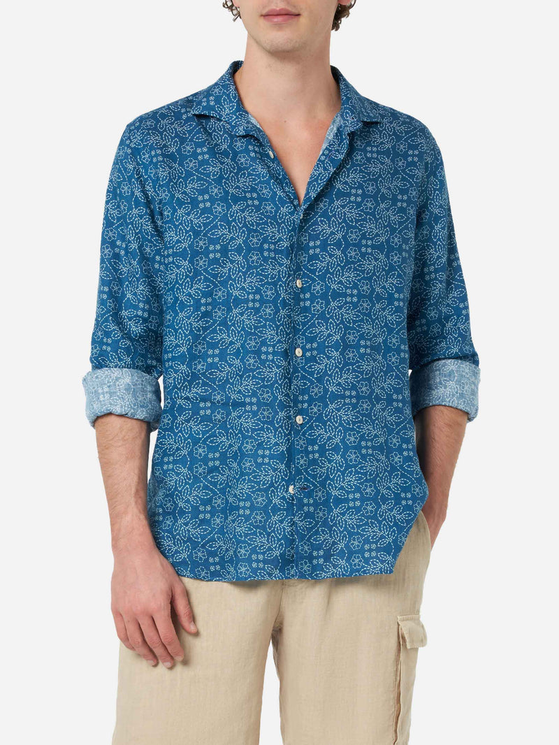 Man navy blue linen shirt Pamplona with Sashiko print