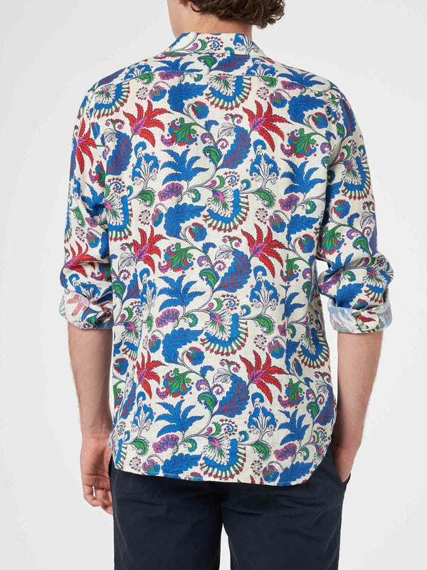 Camicia da uomo in lino blu navy Pamplona con stampa fiori