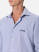 Man seersucker cotton shirt Pamplona with bluette stripes