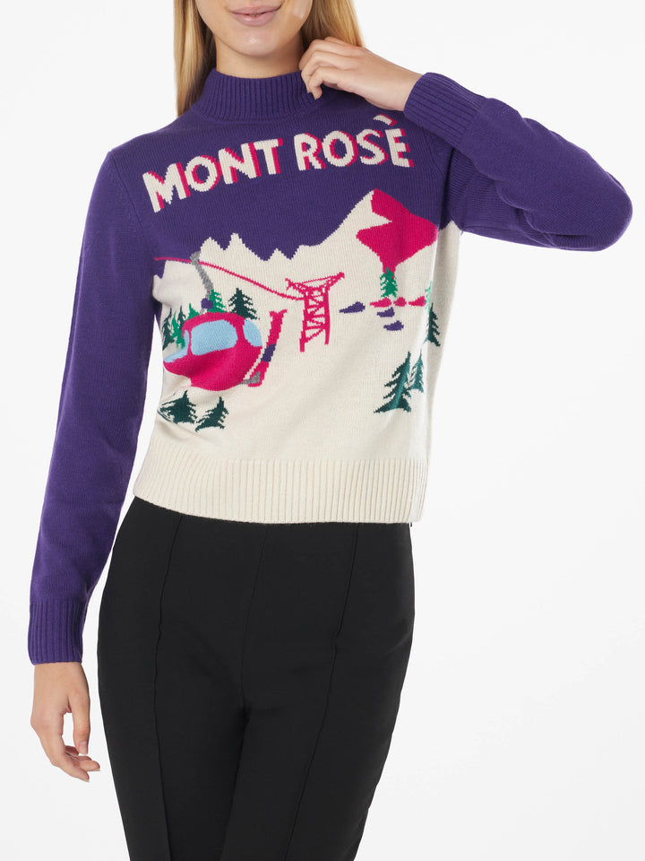 Damen-Rundhalspullover New Queen mit Mont Rosè-Postkarten-Jacquard