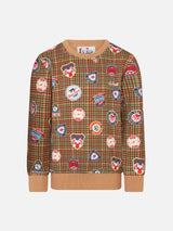 Boy crewneck sweatshirt with patches and pied de poule print