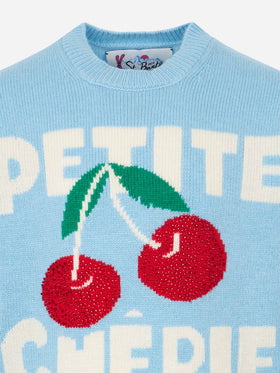 Maglione da bambina a girocollo con stampa ciliegie strass