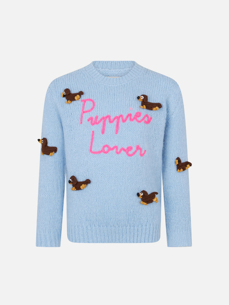 Weicher Pullover für Mädchen mit Rundhalsausschnitt, Häkelaufnäher mit Hunden und Stickerei „Puppies Lover“.