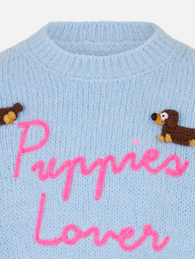 Weicher Pullover für Mädchen mit Rundhalsausschnitt, Häkelaufnäher mit Hunden und Stickerei „Puppies Lover“.