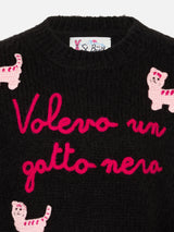 Maglione morbido a girocollo da bambina con patch gatti all'uncinetto e ricamo Volevo un Gatto Nero