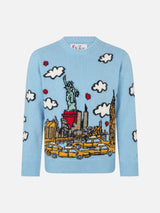 Maglione da bambina con jacquard New York postcard