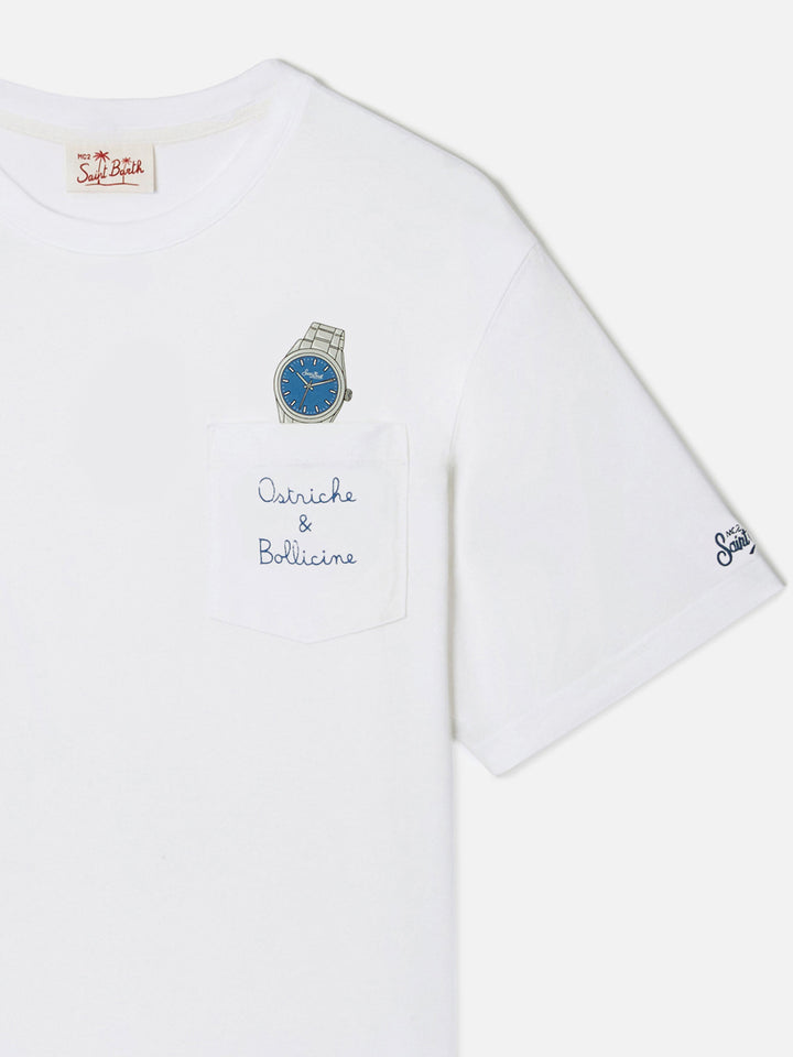 White Austin t-shirt with watch and Ostriche e Bollicine embroidery