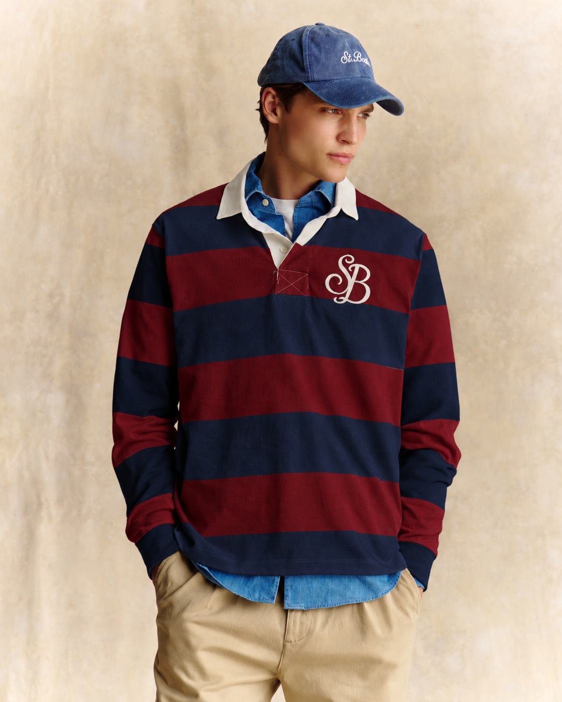 Navy blue and burgundy striped Quarterback cotton rugby polo with SB Legacy monogram